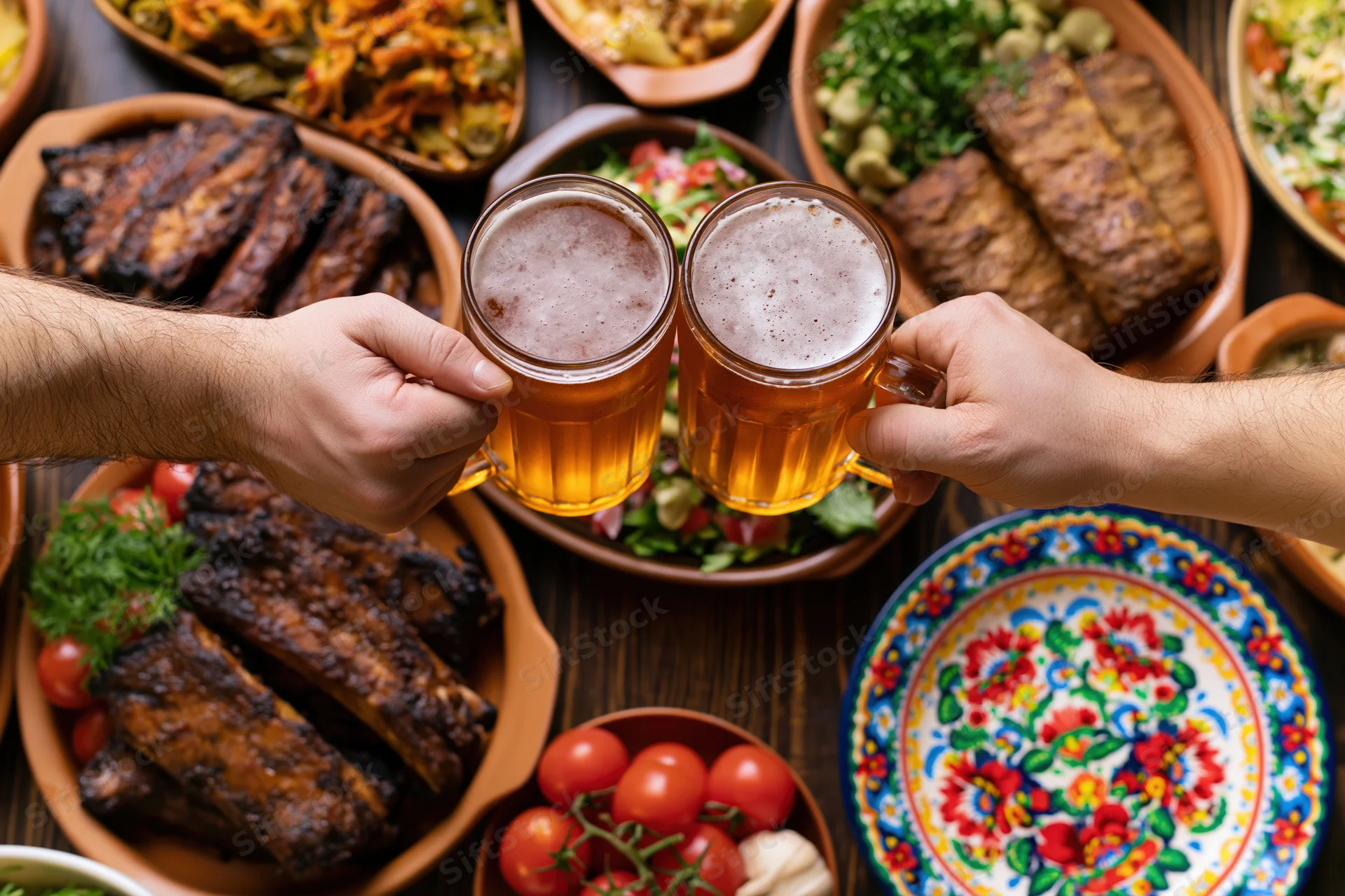 Two hands clinking full beer glasses over a table filled with grilled ribs and side dishes