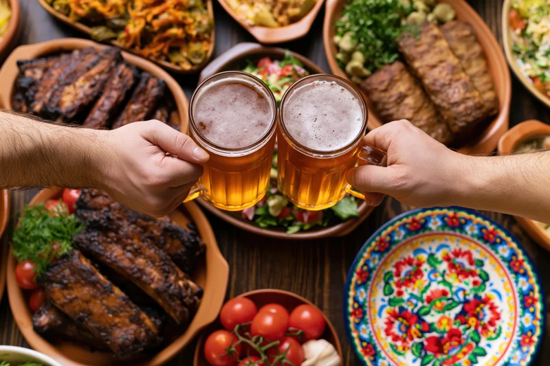 Two hands clinking full beer glasses over a table filled with grilled ribs and side dishes