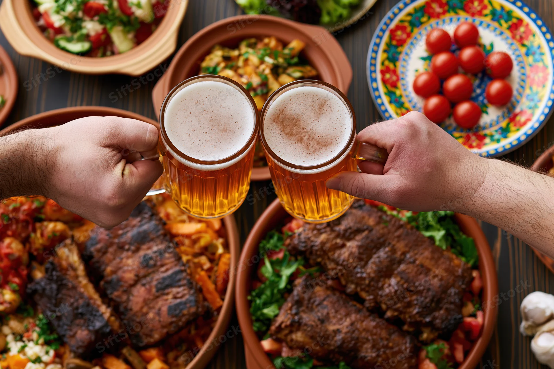 Two hands clinking beer glasses over a table filled with barbecue ribs and side dishes