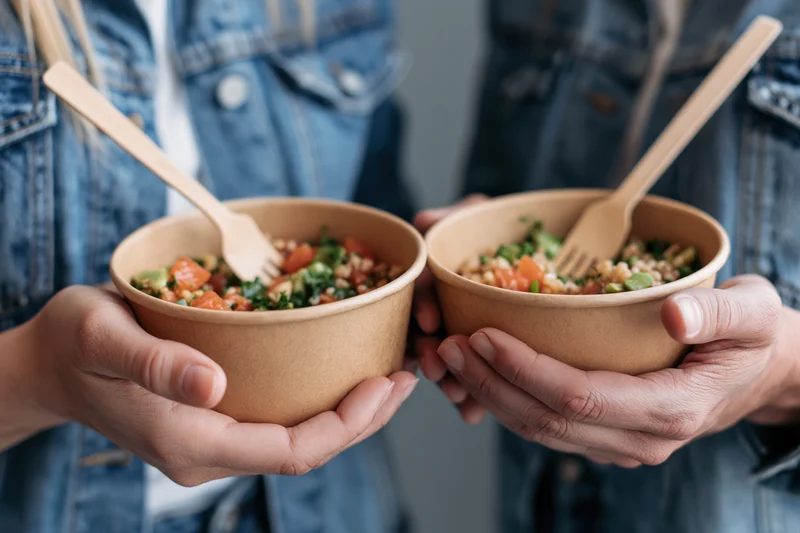 Two people holding kraft paper bowls of poke and grain salad with wooden forks