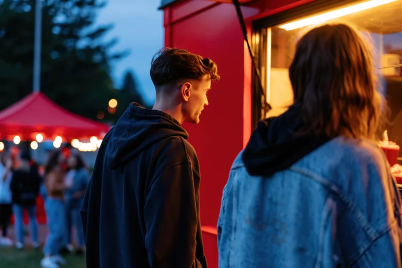 Two people ordering at a red food truck window at dusk