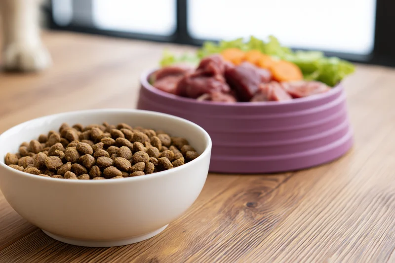 Two pet food bowls side by side on wooden floor, one with kibble and one with raw meat and vegetables