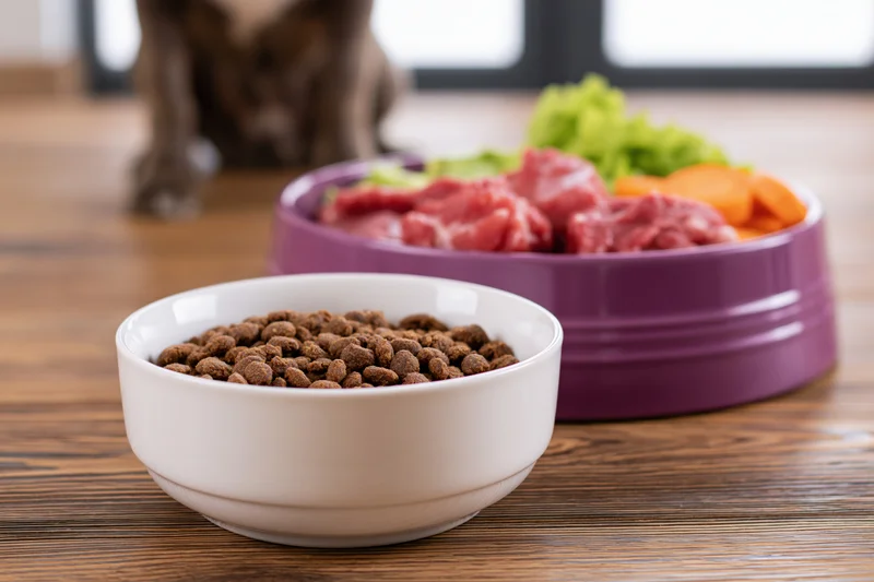 Two pet food bowls side by side on wooden floor, one with kibble and one with raw meat and vegetables, dog in background