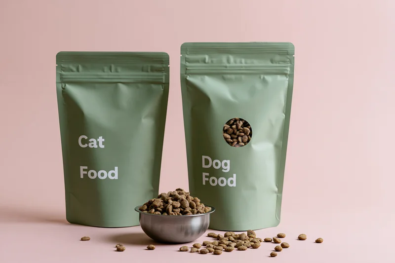 Two sage green pet food pouches labeled cat food and dog food with kibble in a metal bowl and scattered around on pink background