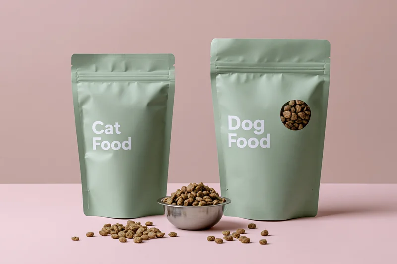 Two sage green pet food pouches labeled cat food and dog food with kibble in a bowl and scattered on pink surface