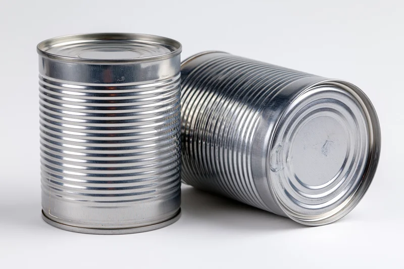 Two plain unlabeled steel tin cans arranged together on a white background