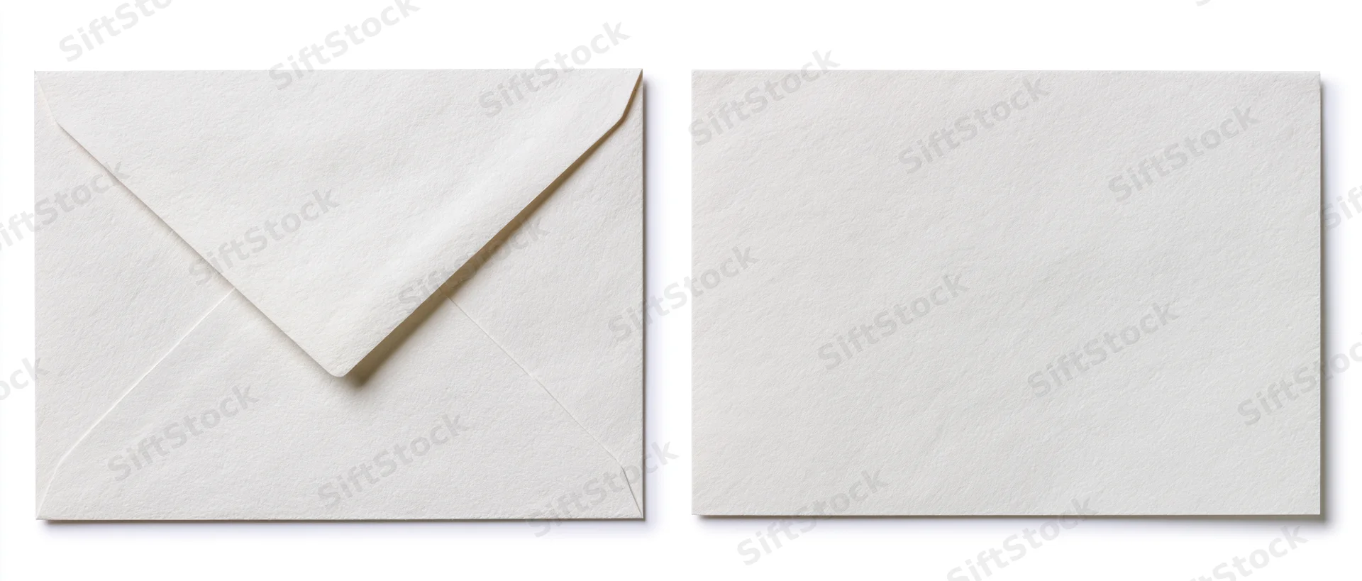 Two plain white paper envelopes side by side, one closed with flap, one flat, on white background