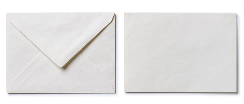 Two plain white paper envelopes side by side, one closed with flap, one flat, on white background