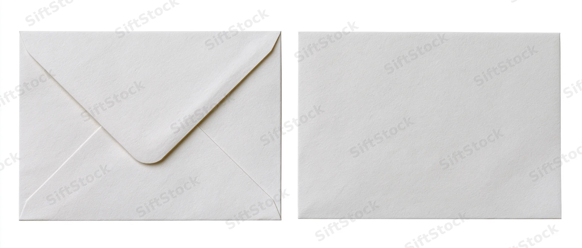 Two plain white paper envelopes side by side, one closed with flap, one flat, on white background
