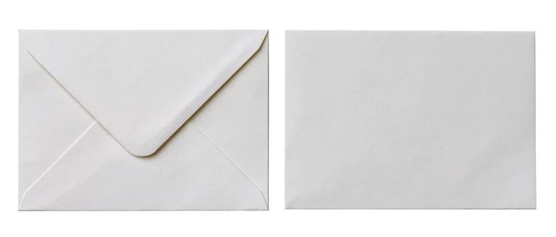 Two plain white paper envelopes side by side, one closed with flap, one flat, on white background