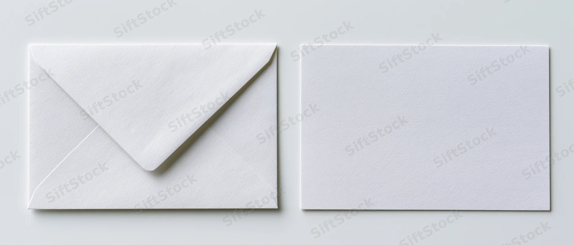 Two plain white paper envelopes side by side, one closed with flap, one blank card, on light surface