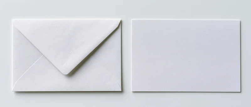 Two plain white paper envelopes side by side, one closed with flap, one blank card, on light surface