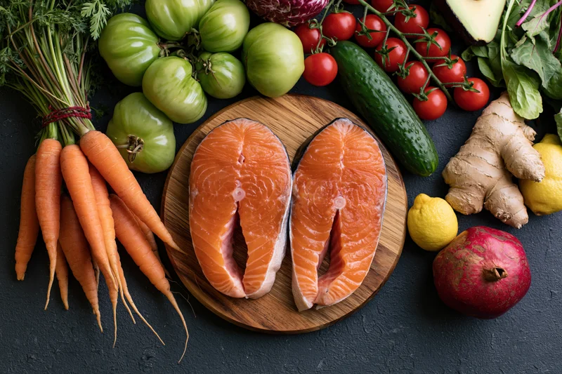 Two raw salmon steaks on a round wooden cutting board surrounded by fresh vegetables and fruits