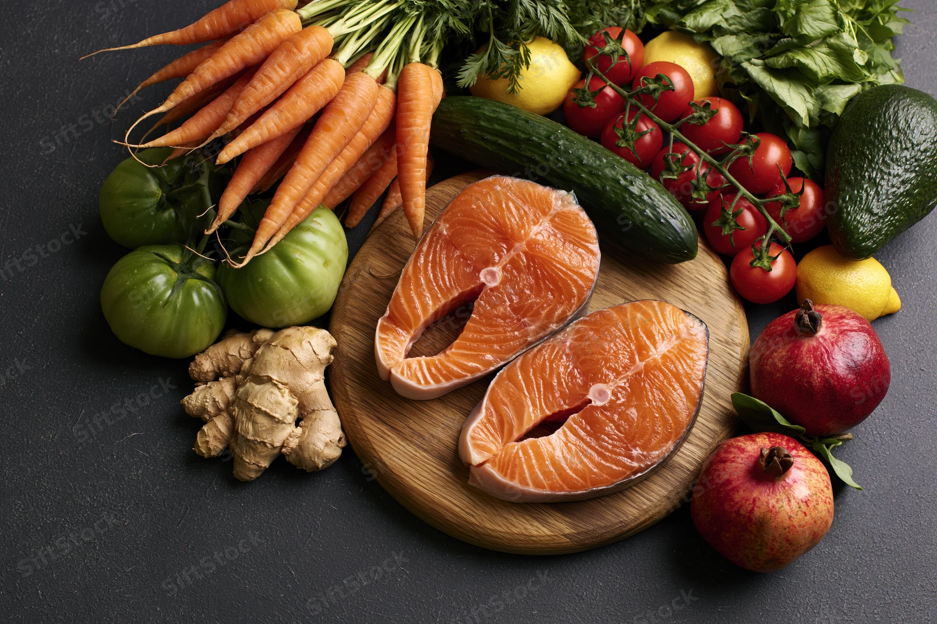 Two raw salmon steaks on a round wooden cutting board surrounded by fresh vegetables and fruits