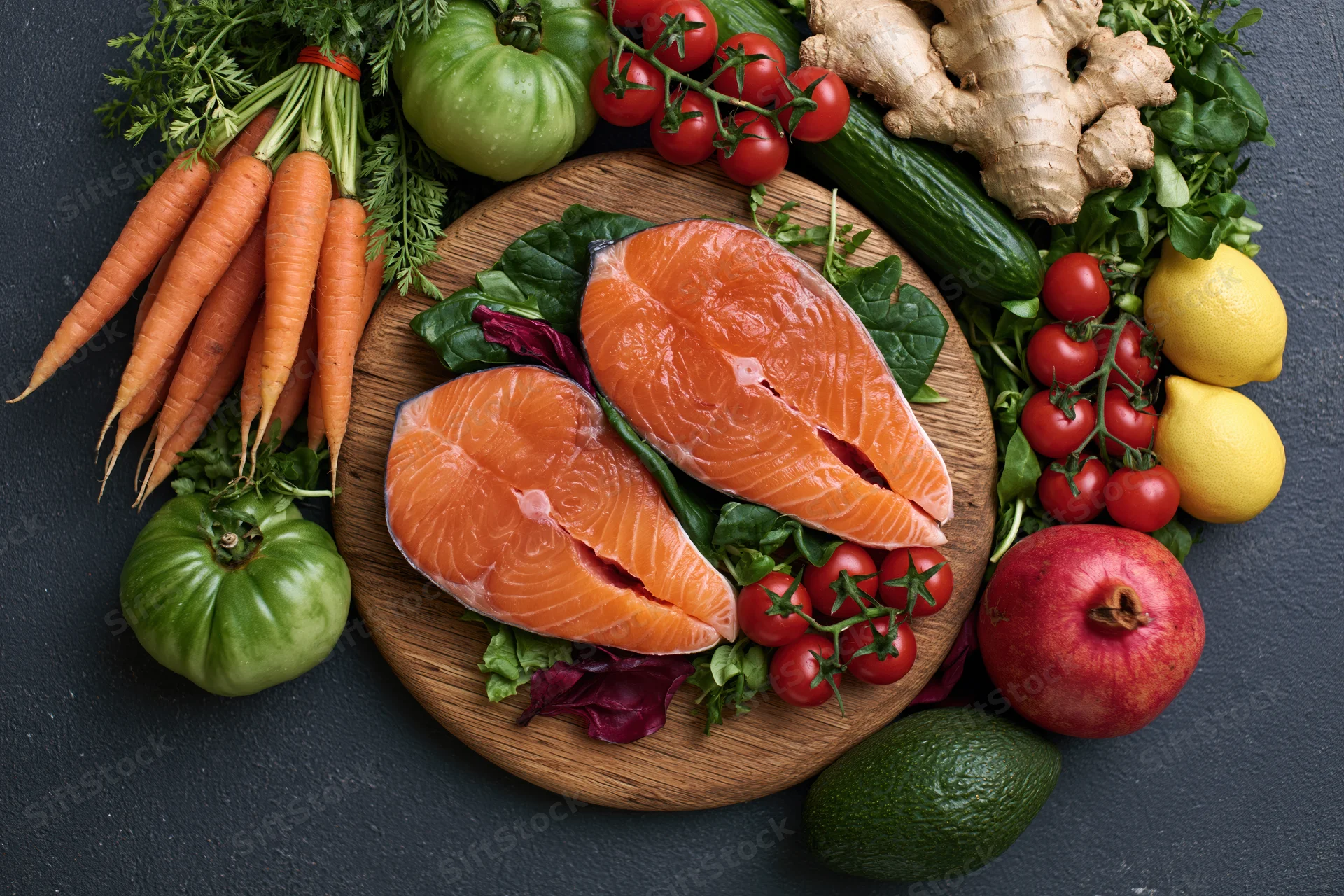 Two raw salmon steaks on a wooden cutting board surrounded by fresh vegetables and fruits