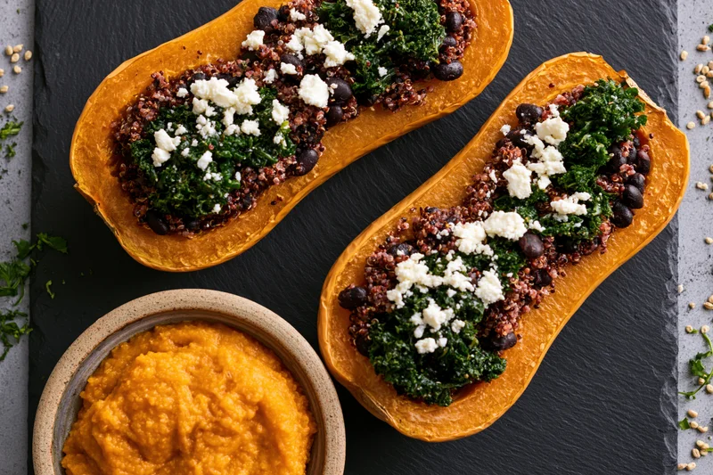 Two roasted butternut squash halves stuffed with quinoa kale and black beans on slate with side of squash puree in ceramic bowl
