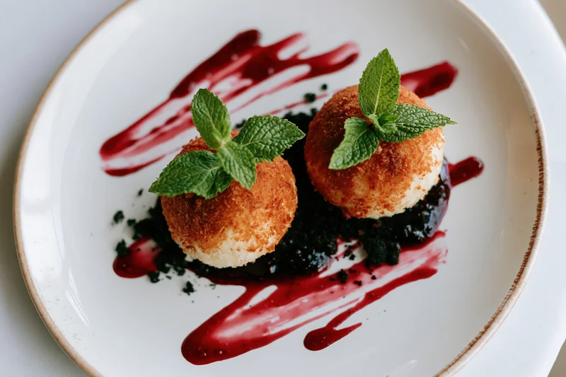 Two scoops of golden fried ice cream topped with fresh mint on a white plate with red sauce drizzle and crumble base