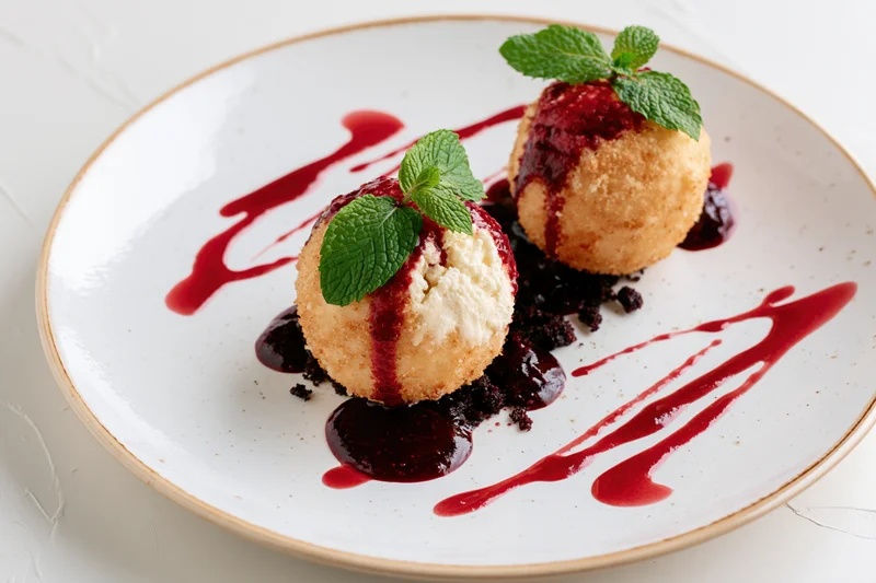Two scoops of golden fried ice cream topped with fresh mint and red sauce on a white speckled plate