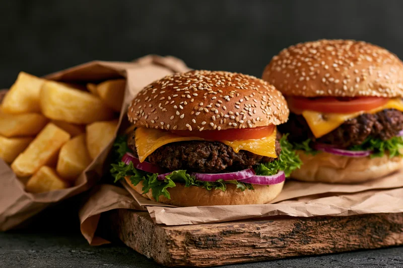 Two cheeseburgers with sesame seed buns and french fries served on a wooden board with paper wrapping