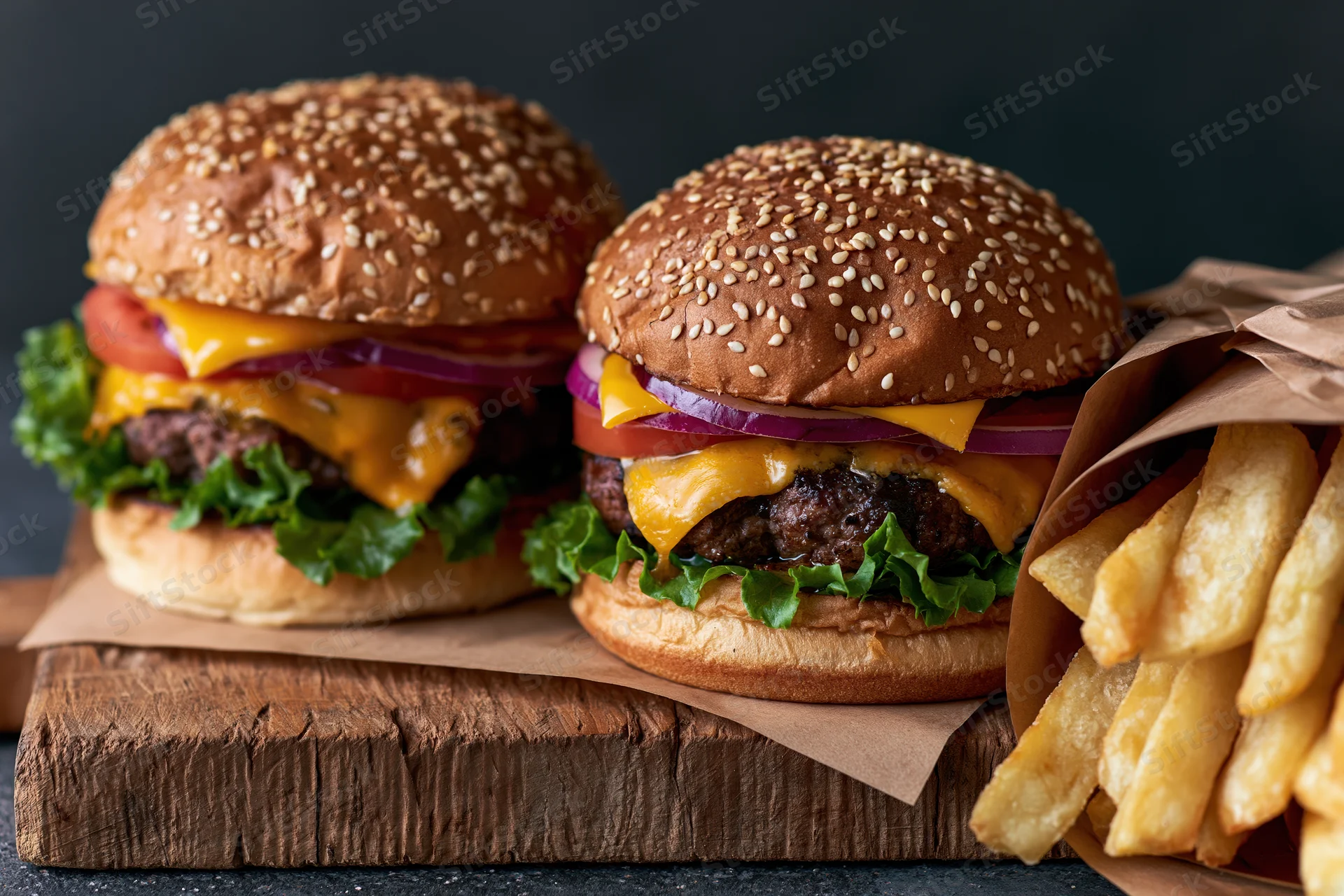 Two cheeseburgers with sesame seed buns and french fries on a wooden cutting board