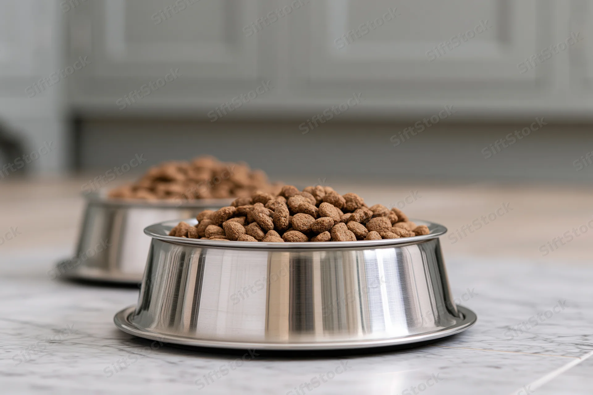 Two stainless steel pet bowls filled with dry kibble on a marble kitchen floor