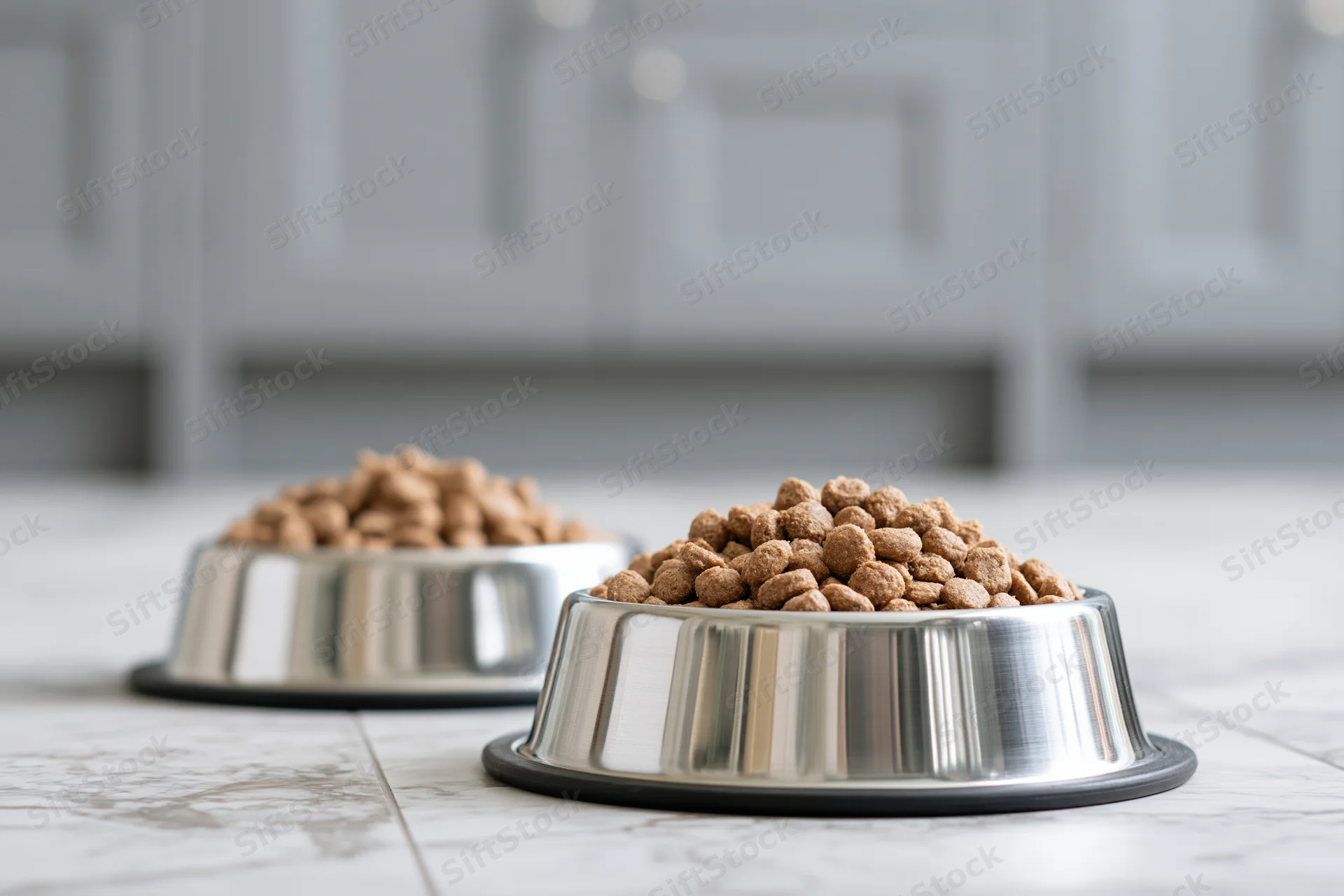 Two stainless steel pet bowls filled with dry kibble on a marble kitchen floor