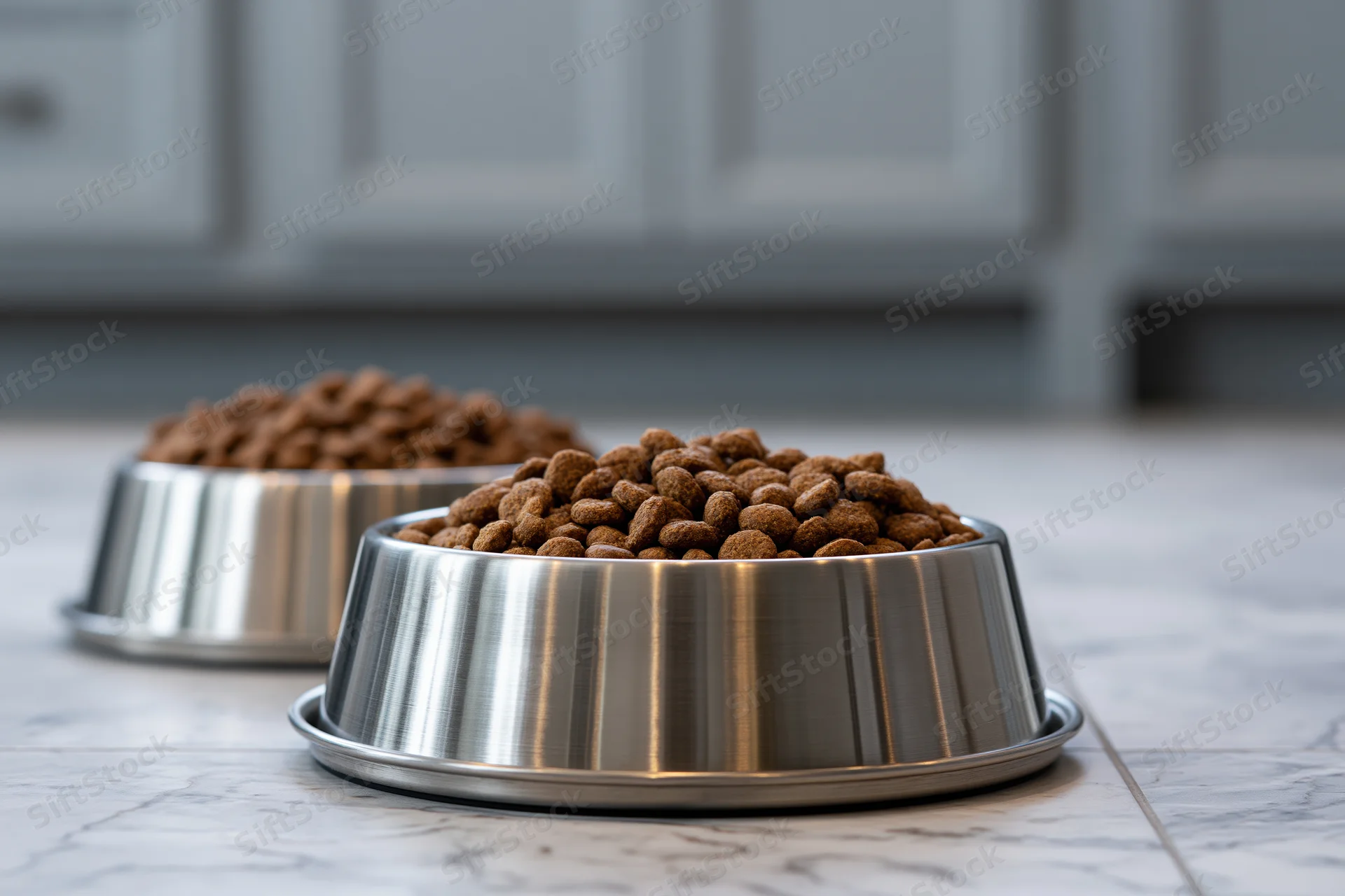 Two stainless steel pet bowls filled with dry kibble on a marble kitchen floor