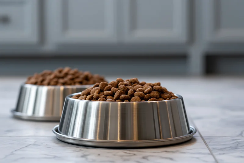 Two stainless steel pet bowls filled with dry kibble on a marble kitchen floor