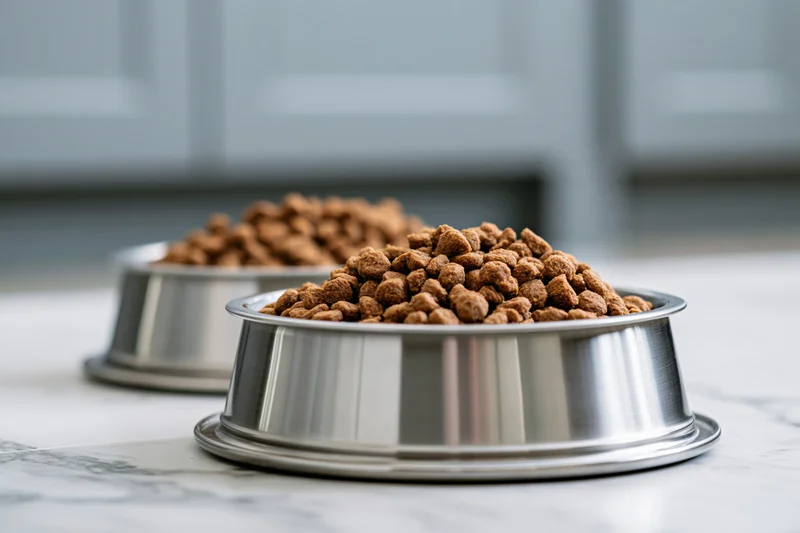 Two stainless steel pet bowls filled with dry kibble on a marble countertop