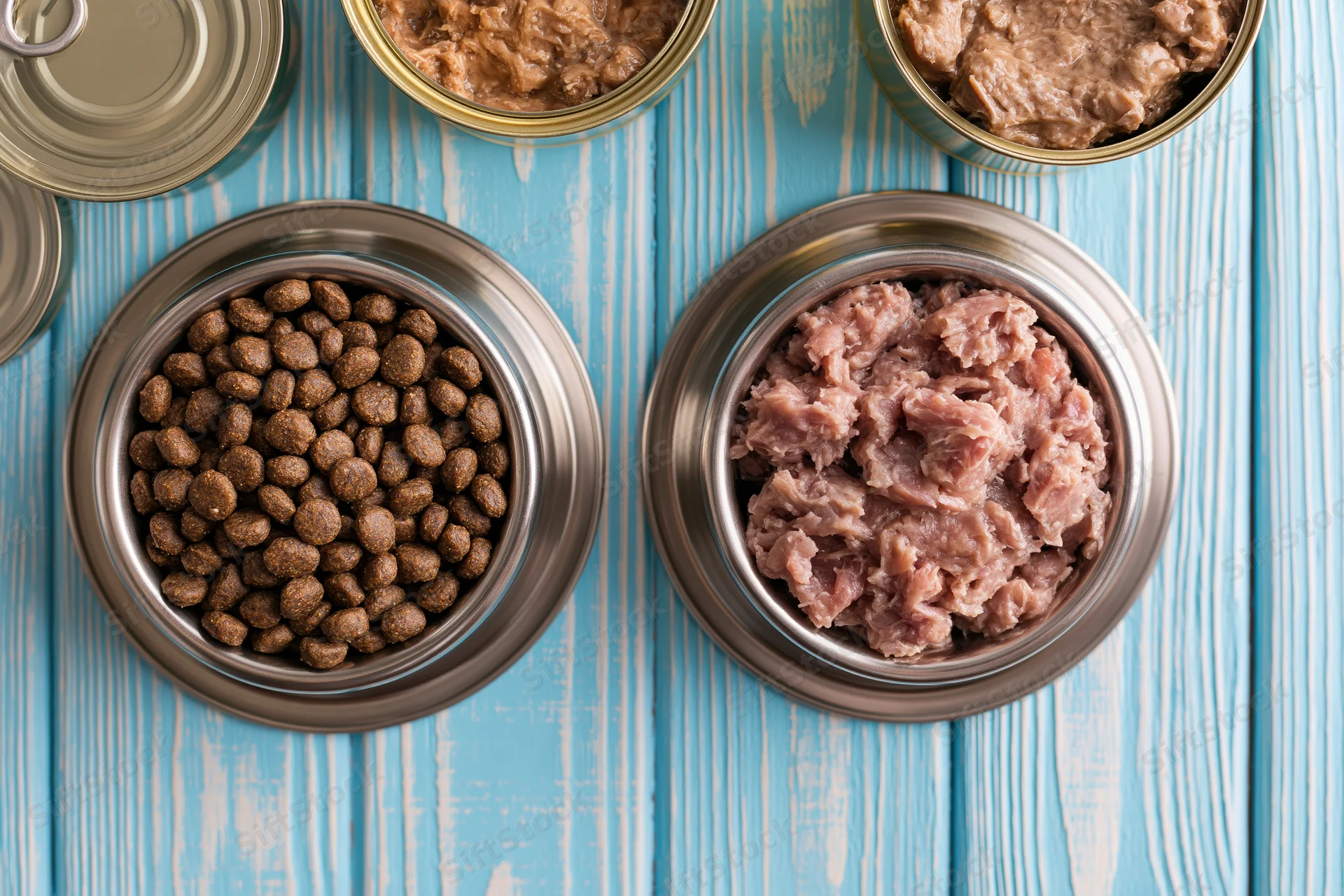 Two stainless steel pet bowls filled with dry kibble and wet canned food on a blue wooden surface