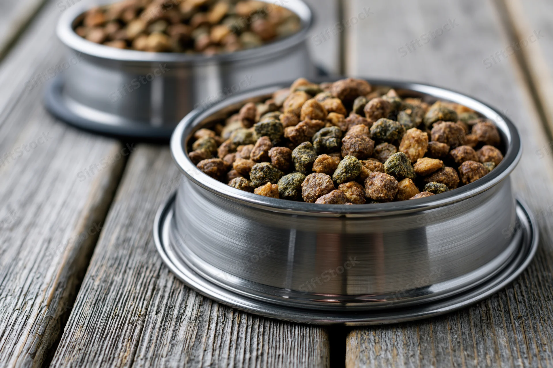 Two stainless steel bowls filled with dry pet kibble on a wooden surface