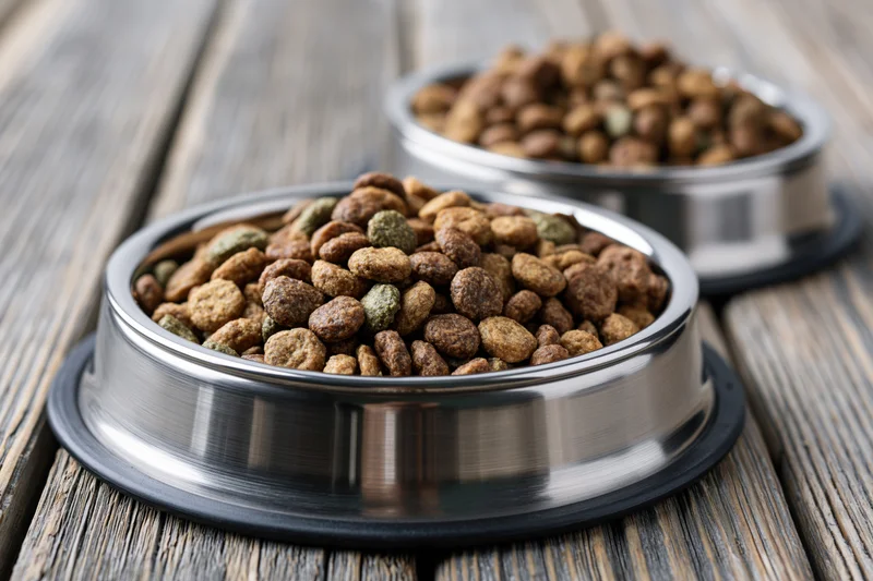 Two stainless steel pet bowls filled with dry kibble on a wooden deck