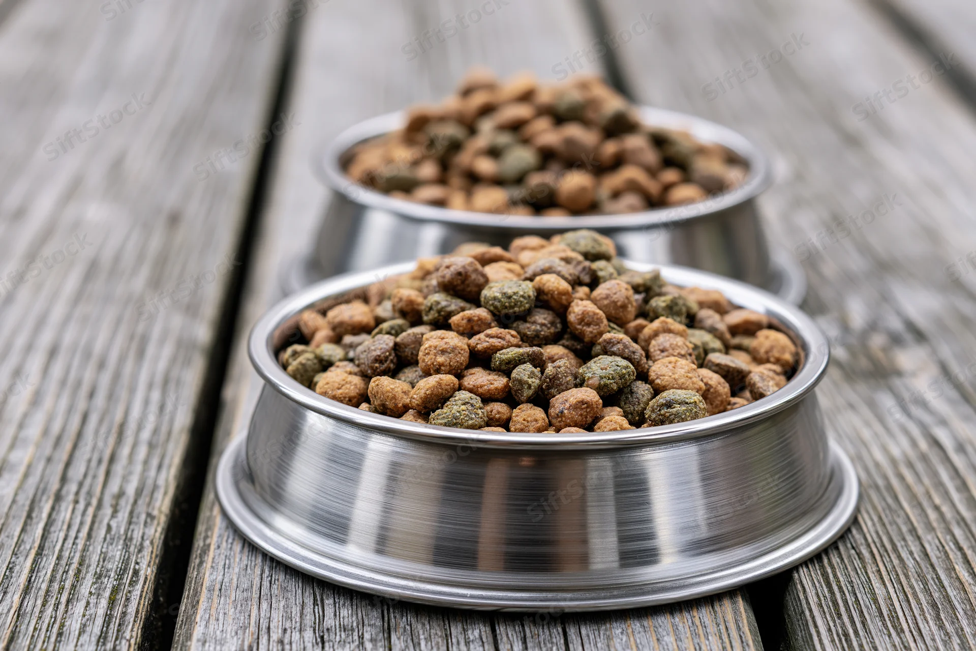 Two stainless steel pet food bowls filled with dry kibble on a wooden surface