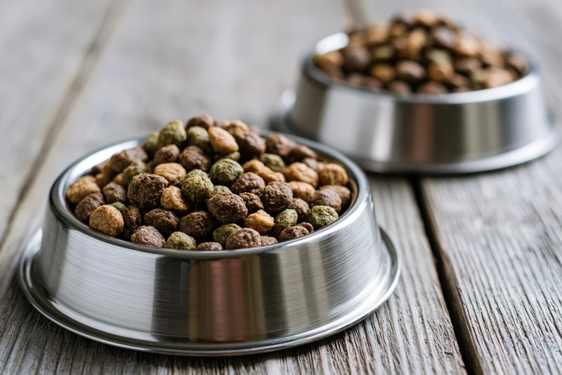 Two stainless steel bowls filled with dry pet kibble on a wooden surface
