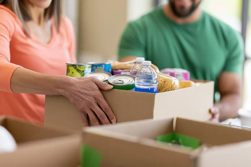 Volunteers passing a cardboard box filled with canned goods and bottled water indoors