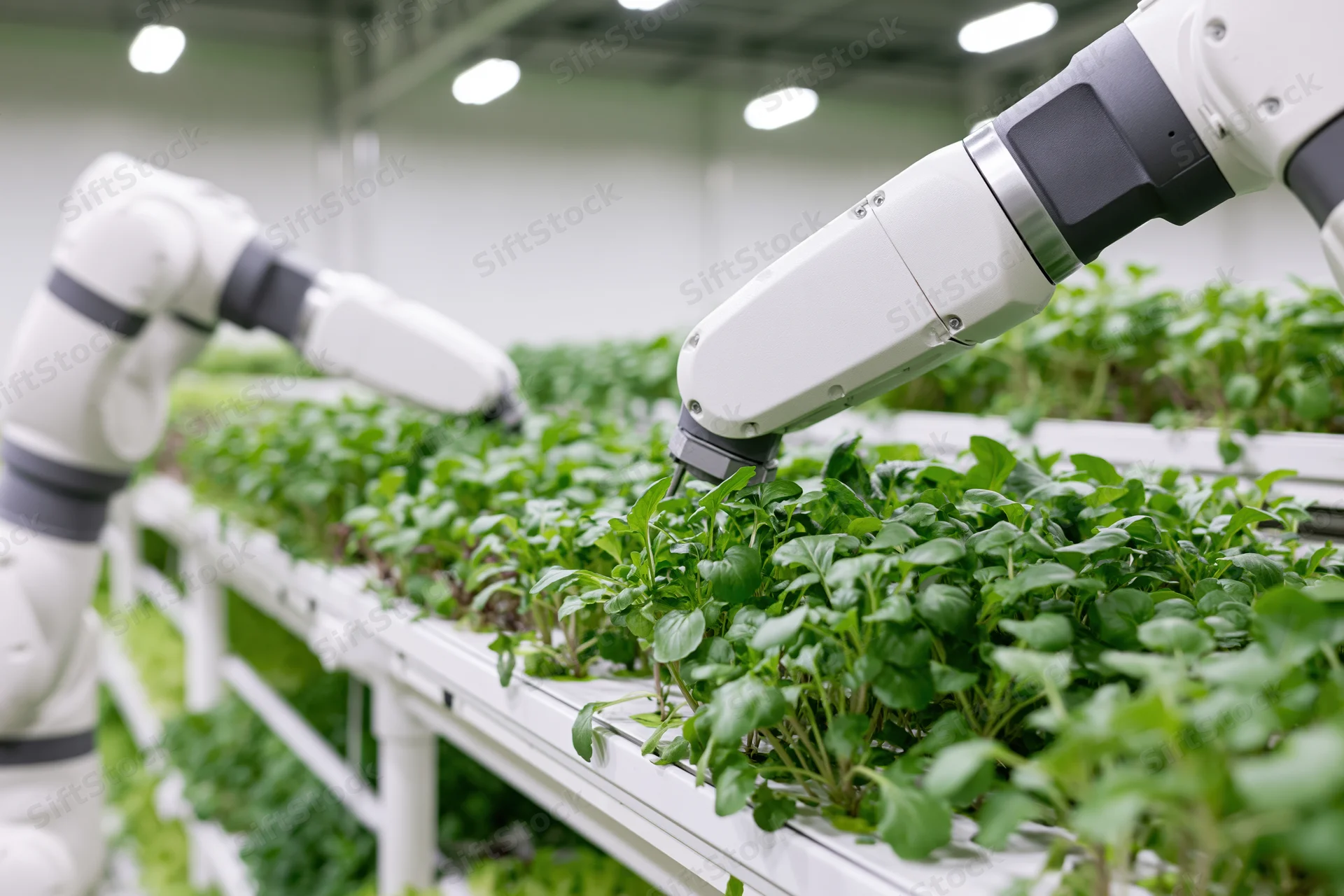 Robotic arms tending leafy greens in a vertical indoor farm