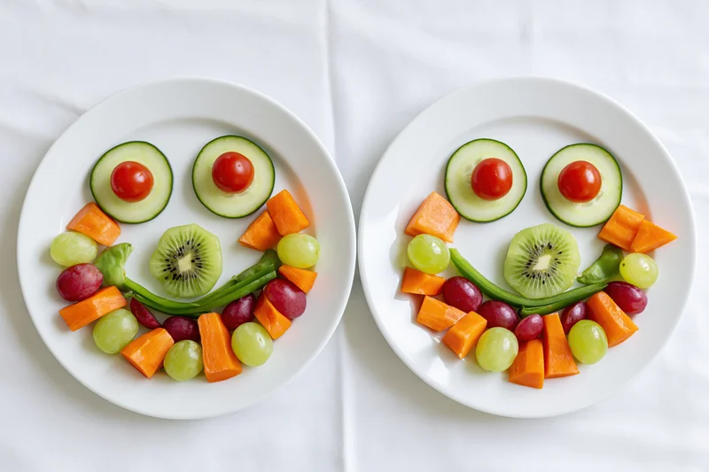 Two white plates with fruits and vegetables arranged into smiling faces on a white tablecloth