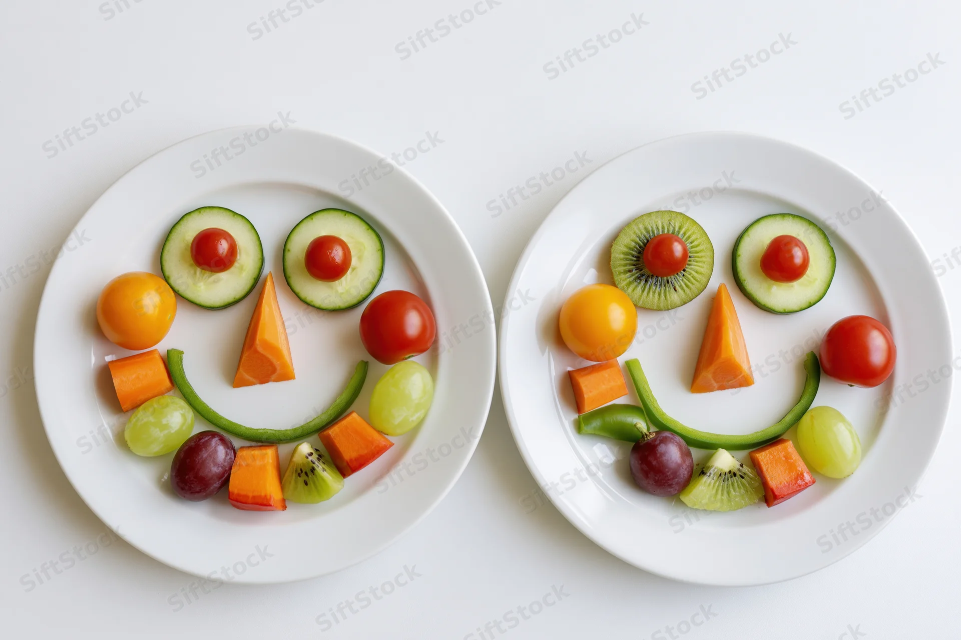 Two white plates with fruits arranged into smiling faces on a white surface