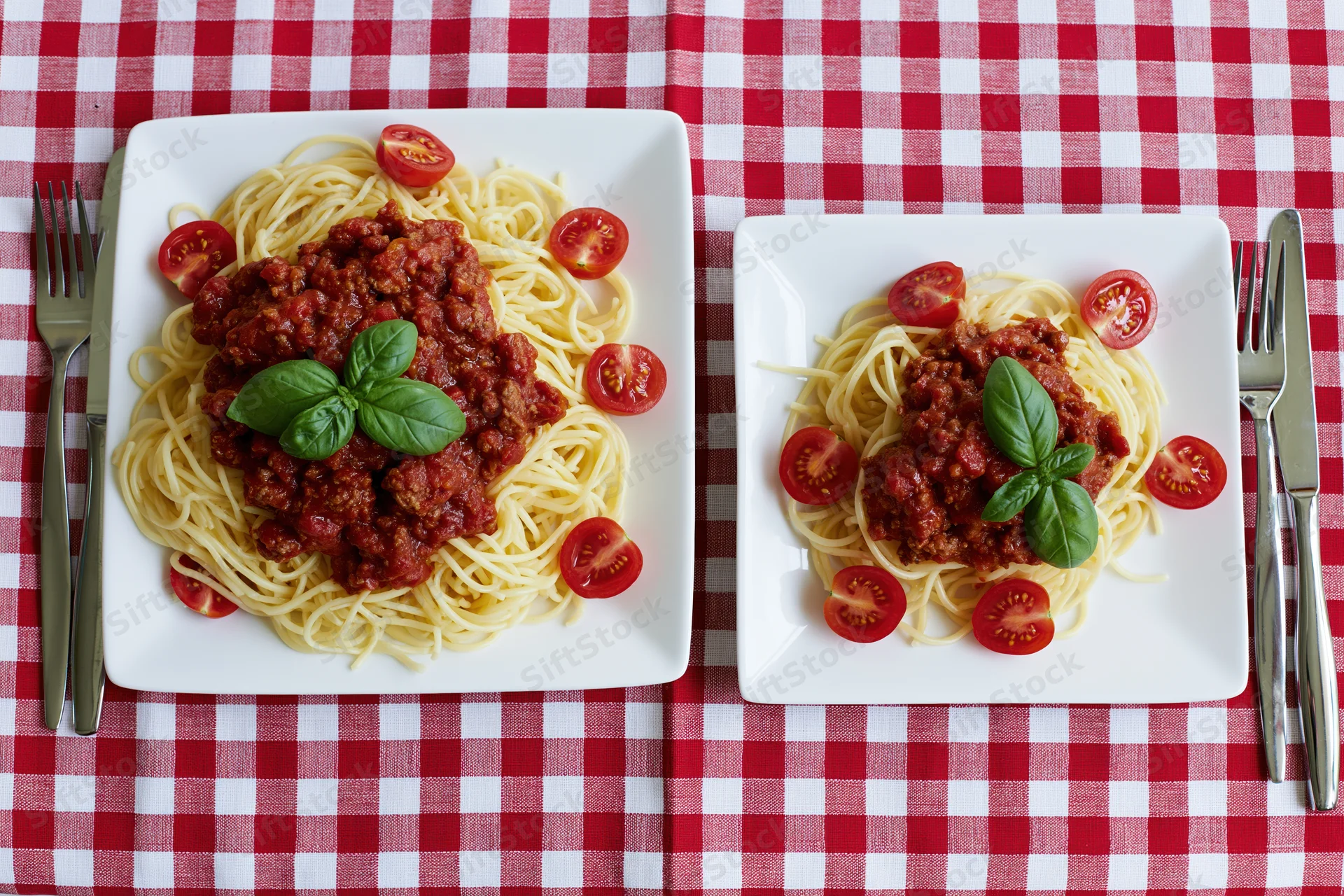 Two square white plates with spaghetti bolognese and basil on a red and white checkered tablecloth