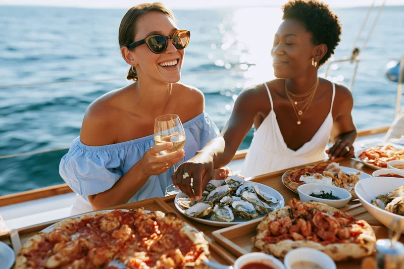 Two women smiling and laughing while dining on seafood and wine on a sailboat deck