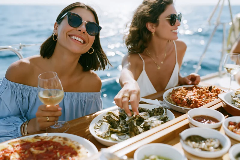 Two women dining on a sailboat deck with seafood and wine, smiling in the sun