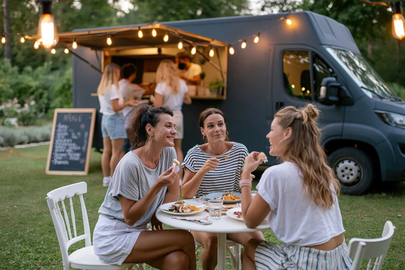 Three women eating and talking at a white table in front of a food truck in a garden at evening