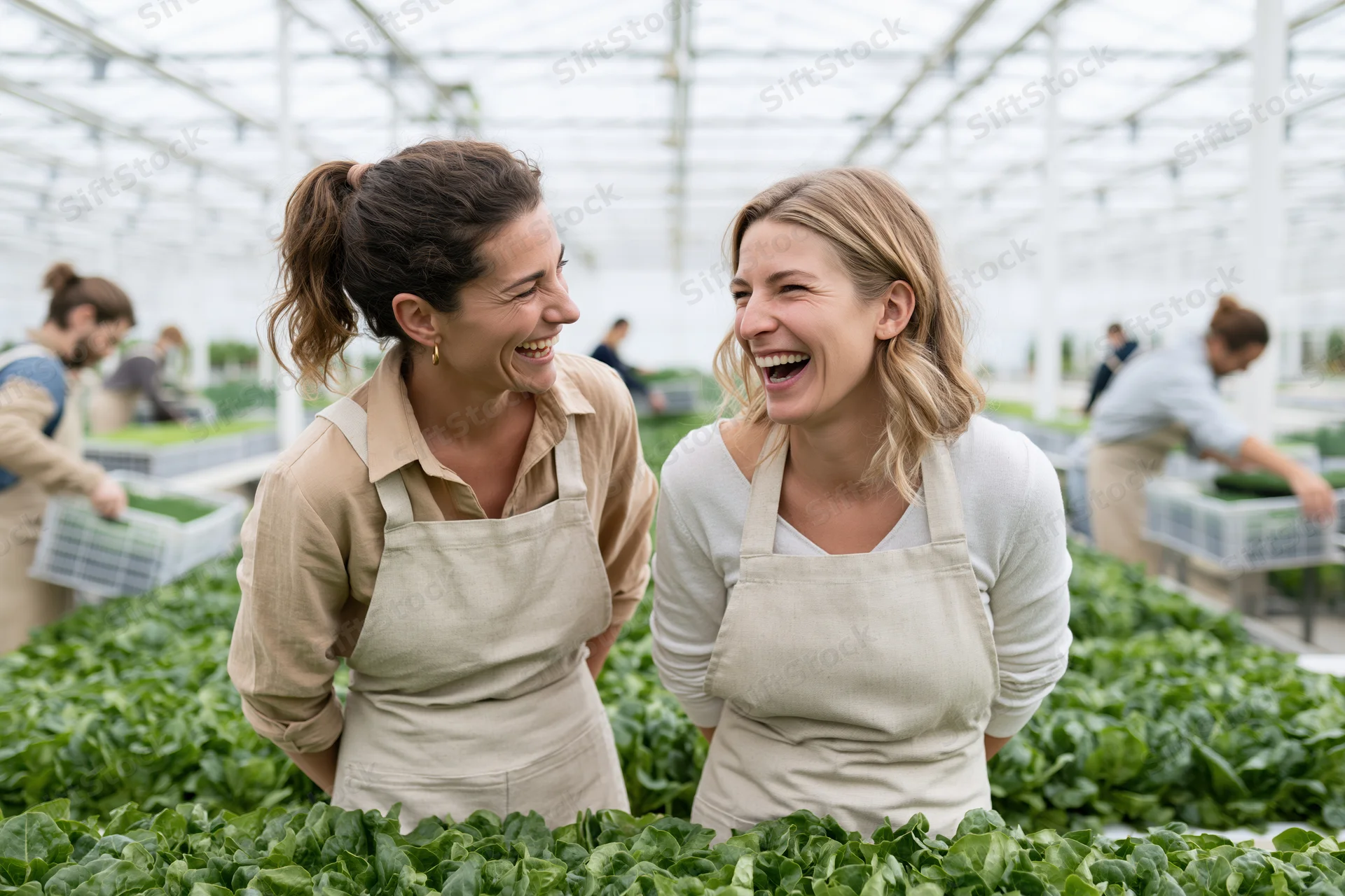 Two women laughing while standing among rows of green leafy vegetables in a greenhouse
