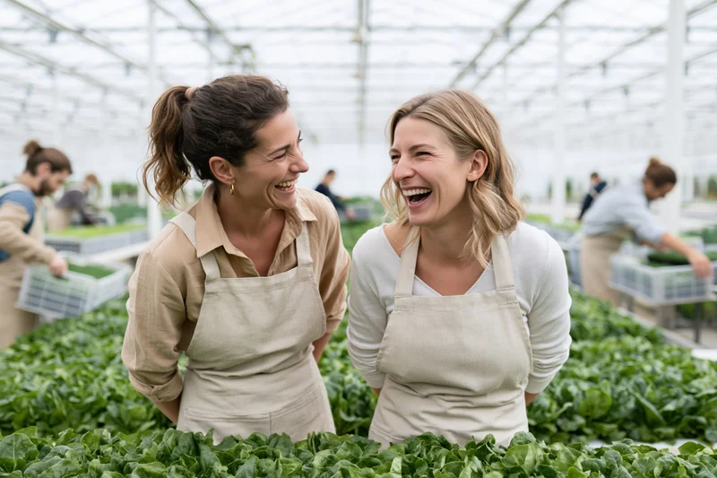 Two women laughing while standing among rows of green leafy vegetables in a greenhouse