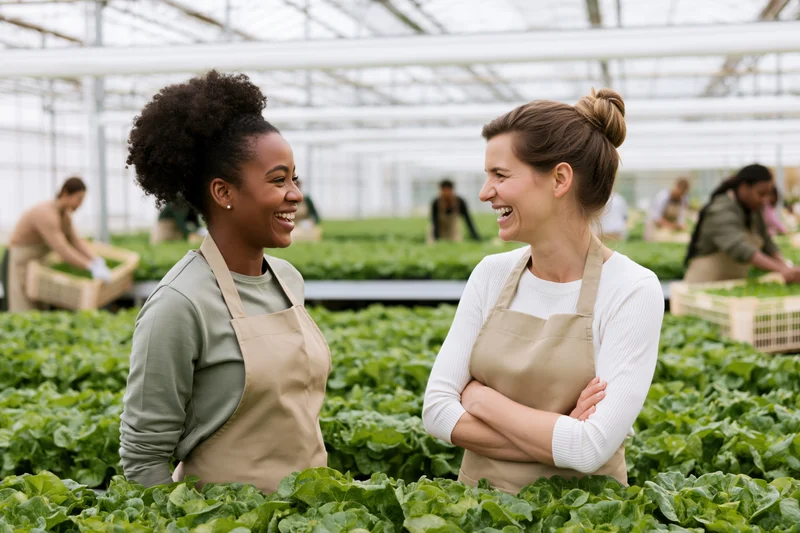 Two women in beige aprons laughing and talking among rows of green leafy vegetables in a greenhouse