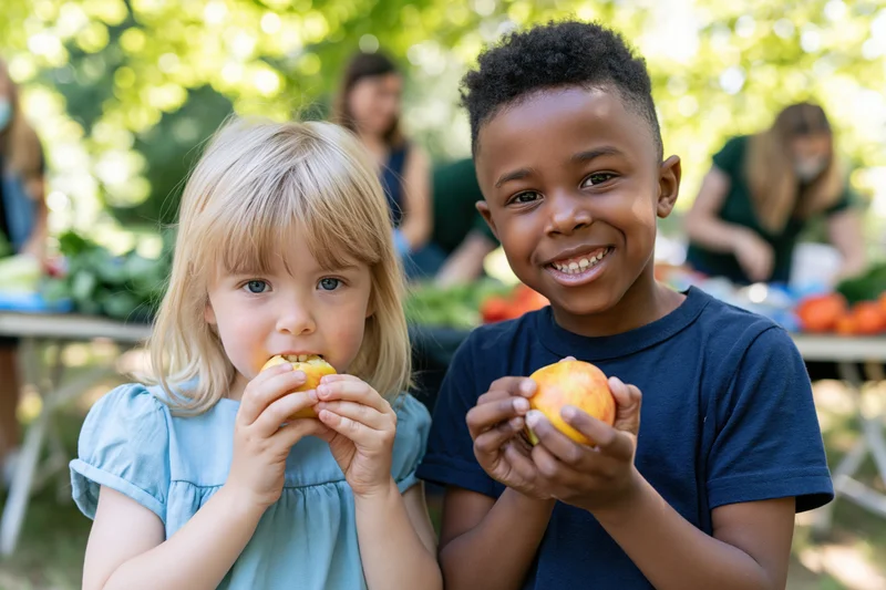 Two young children eating apples in a garden with adults and vegetables in the background