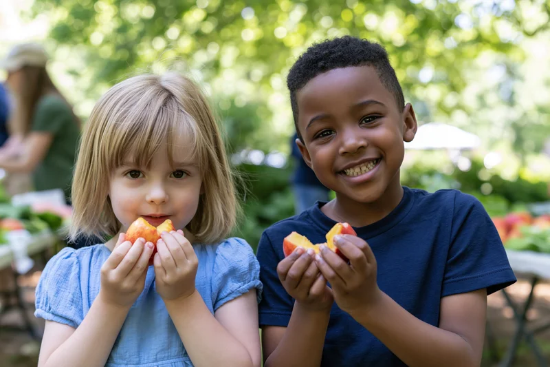 Two young children eating peaches in a sunny outdoor garden setting