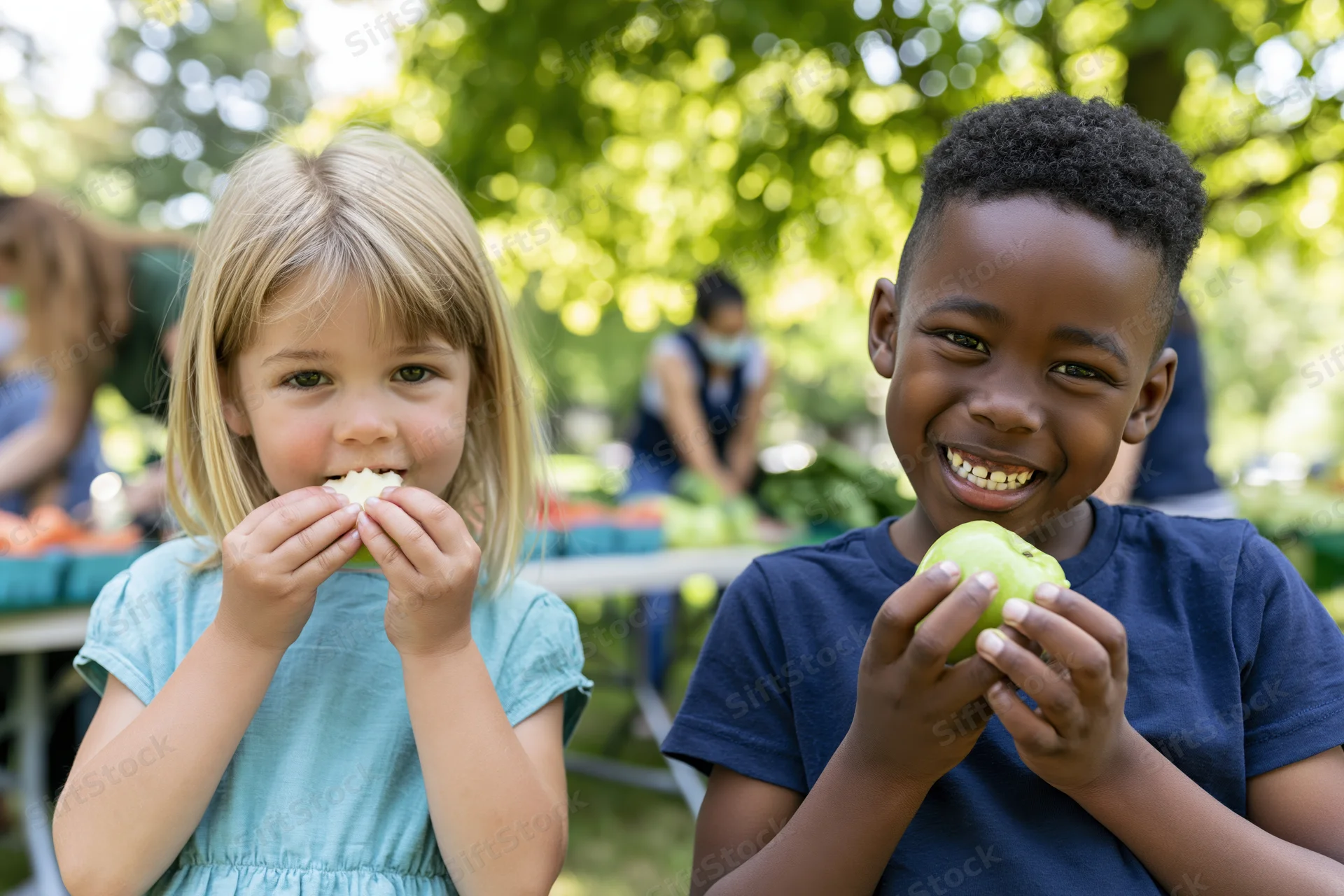 Two young children eating fruit in a sunny outdoor park setting