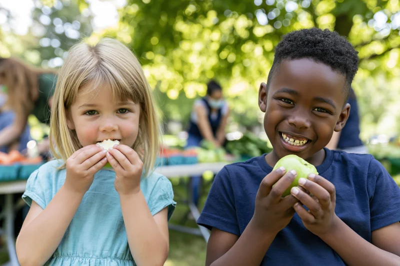 Two young children eating fruit in a sunny outdoor park setting