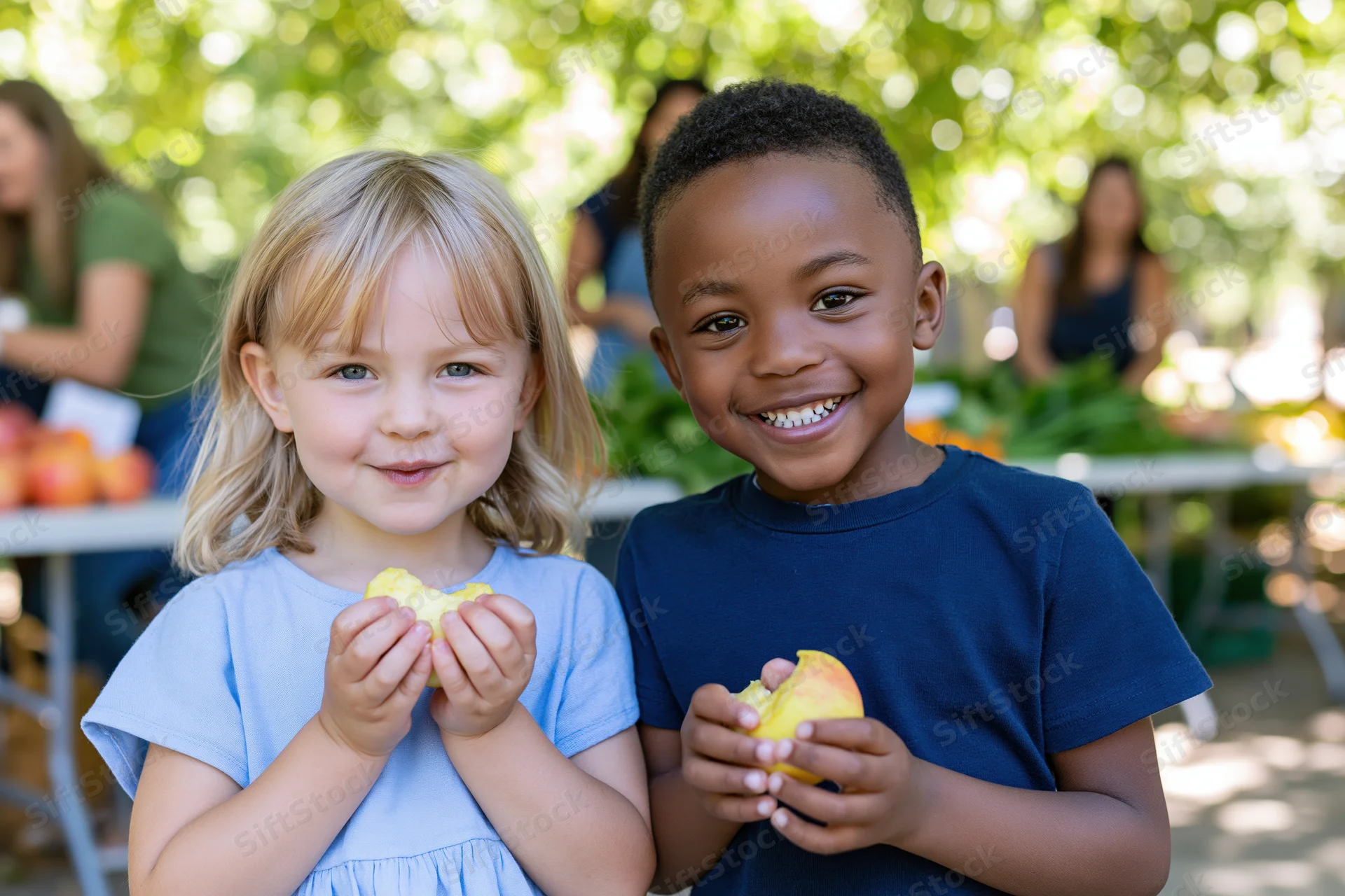 Two young children smiling while eating apples at an outdoor farmers market